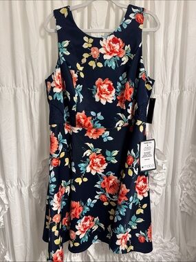 Macy's Navy Floral Sleeveless Fit & Flare Dress with Coral Blooms